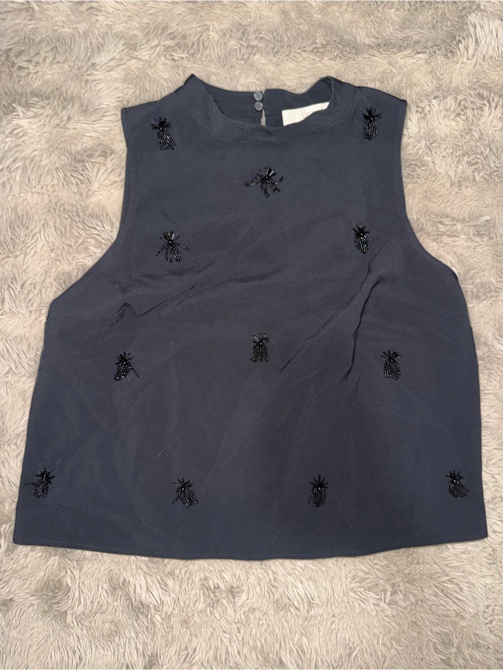 LOFT Navy Sleeveless Beaded Pineapple Tank